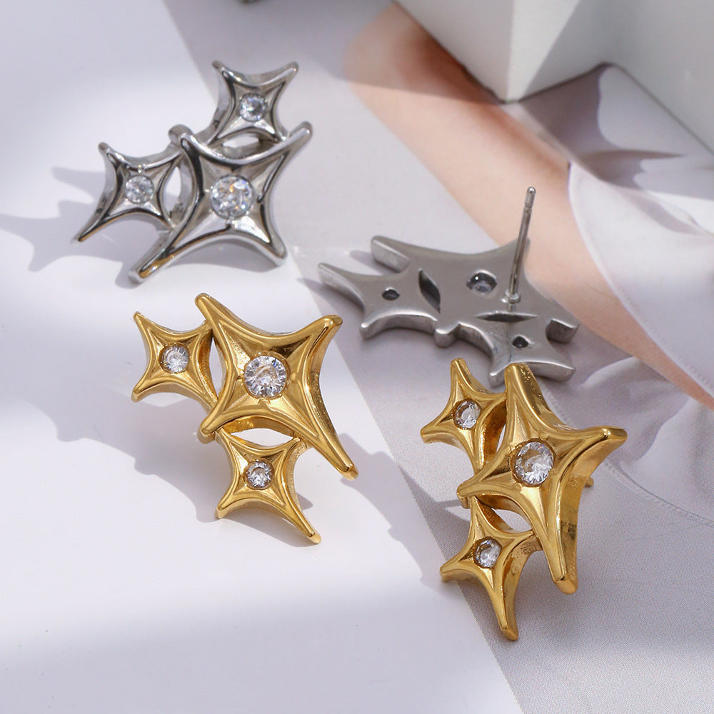 Orecchini a perno da donna a stella a quattro punte geometrica minimalista in acciaio inossidabile con placcatura in oro 18 carati