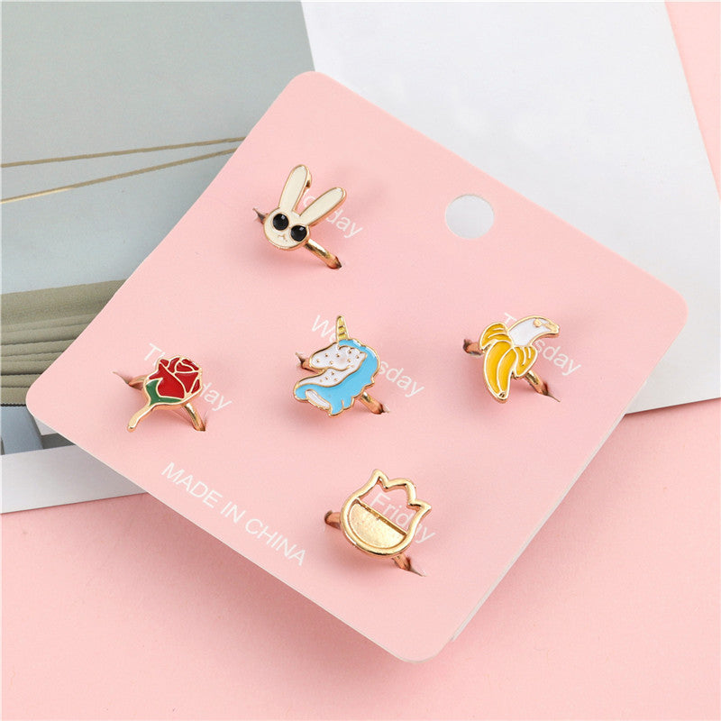 Cartoon Unicorn Rabbit Fruit Shaped Adjustable Alloy Ring Set for Kids with Enamel Finish