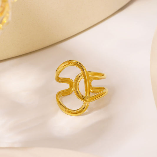 Asymmetrical Geometric Stainless Steel Ring with 18K Gold Plating, Contemporary Wraparound Design for Unisex Wear