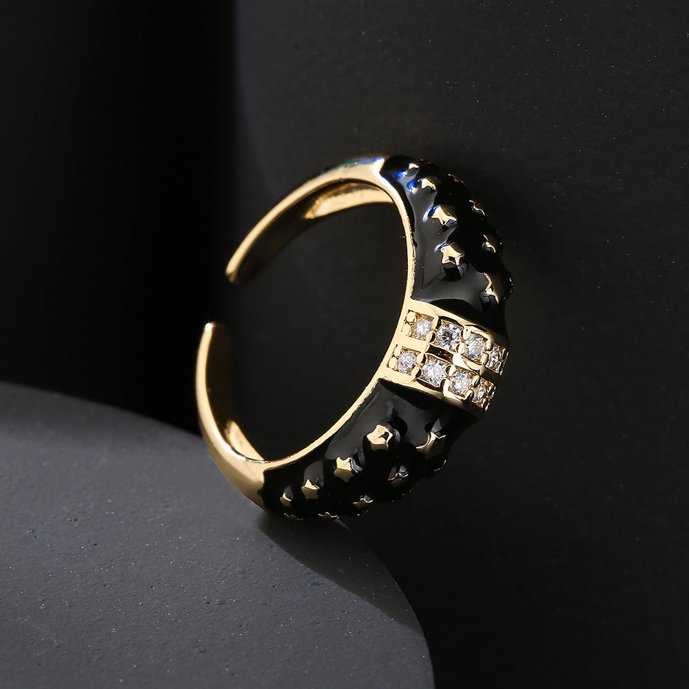 Anello Aperto Geometrico Stile Bohemien in Rame con Placcatura in Oro 18K e Zirconia Smaltata Colorata