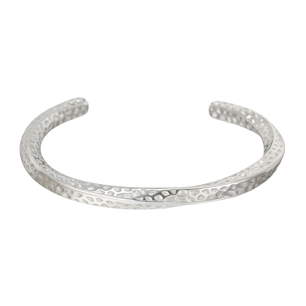 Minimalist Irregular Twisted Stainless Steel Bracelet with Hammered Texture and Adjustable Opening for Women and Men