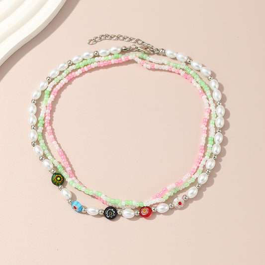 Juego de collar con cuentas florales minimalistas para niñas, gargantilla con colgante de cristal y cadena ajustable