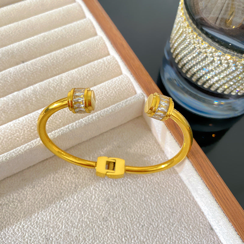 Luxury Geometric Cubic Zirconia Inlaid Titanium Steel PVD Plated Couple Bracelet