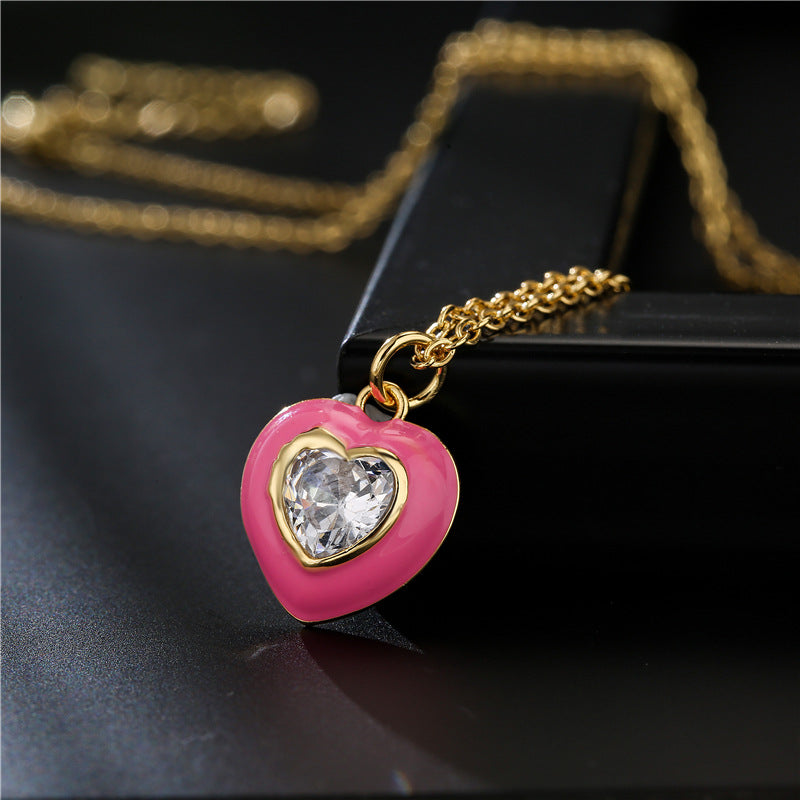 Elegant Heart Drip Oil Inlay Cubic Zirconia Brass Necklace for Women with Cable Chain