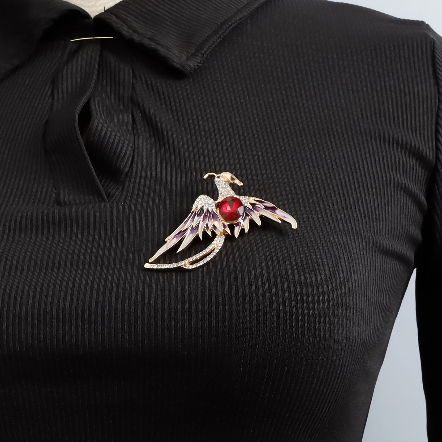 Broche de aleación geométrico estilo OL de moda con incrustaciones de esmalte y pedrería, diseño de pájaro rubí rojo para mujer