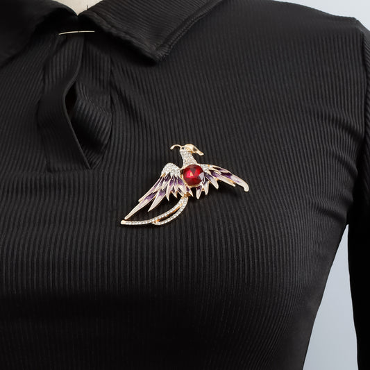Broche de aleación geométrico estilo OL de moda con incrustaciones de esmalte y pedrería, diseño de pájaro rubí rojo para mujer
