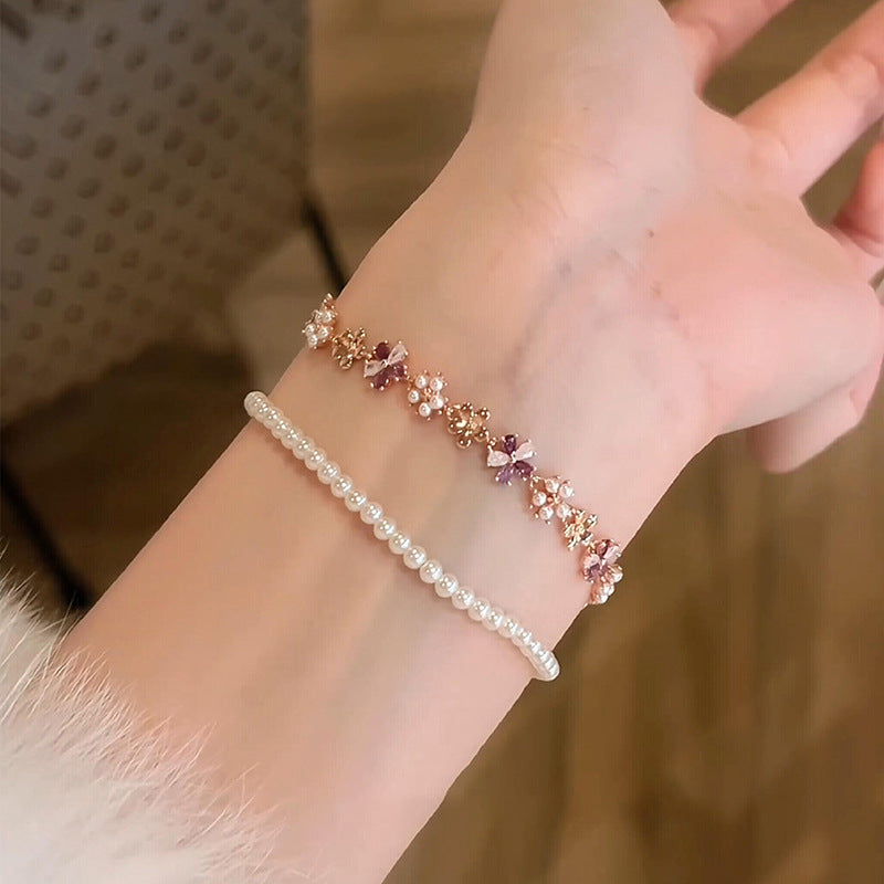 Elegant Floral Pearl Bracelet with Zircon Inlay for Women, Luxury Minimalist Hand Jewelry