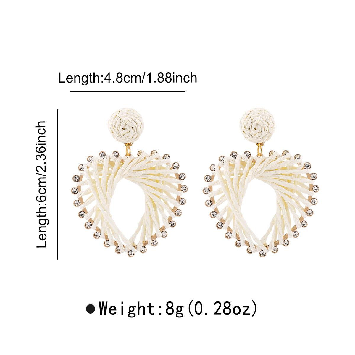 Orecchini Pendenti a Cuore in Rame Intrecciato Bohemien con Strass su Base in Lega