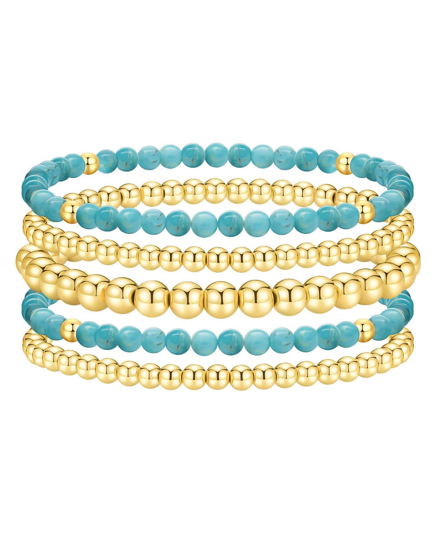 Bohemian 14K Gold Plated Brass Geometric Round Turquoise Beaded Bracelet Set for Women