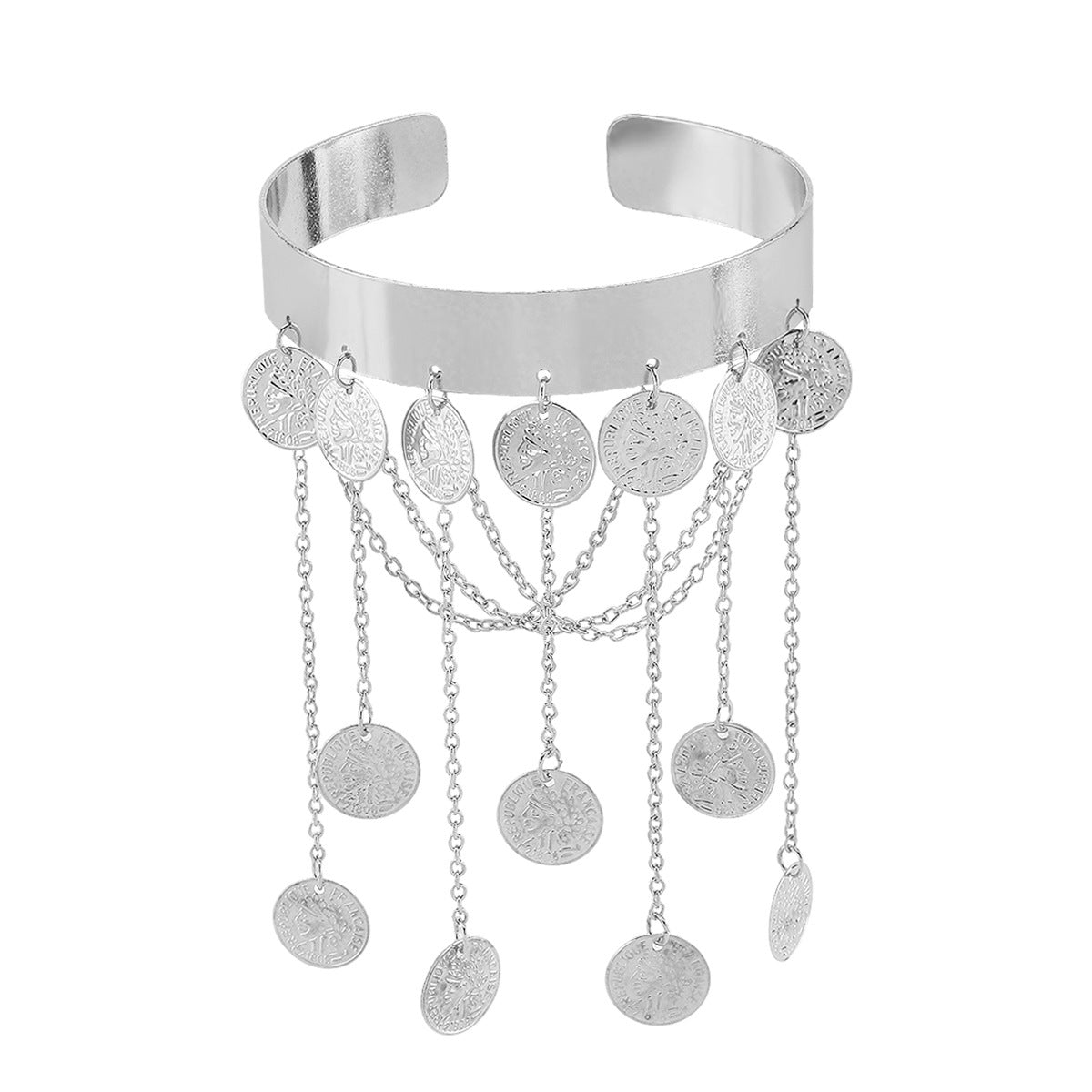 Exótica pulsera abierta tipo brazalete para mujer, con borla larga en forma de moneda y acabado de hierro chapado