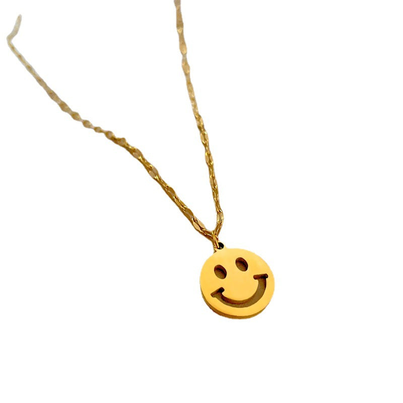 Minimalist Geometric Smiley Face Pendant Necklace for Women in Titanium Steel with Gold Plating