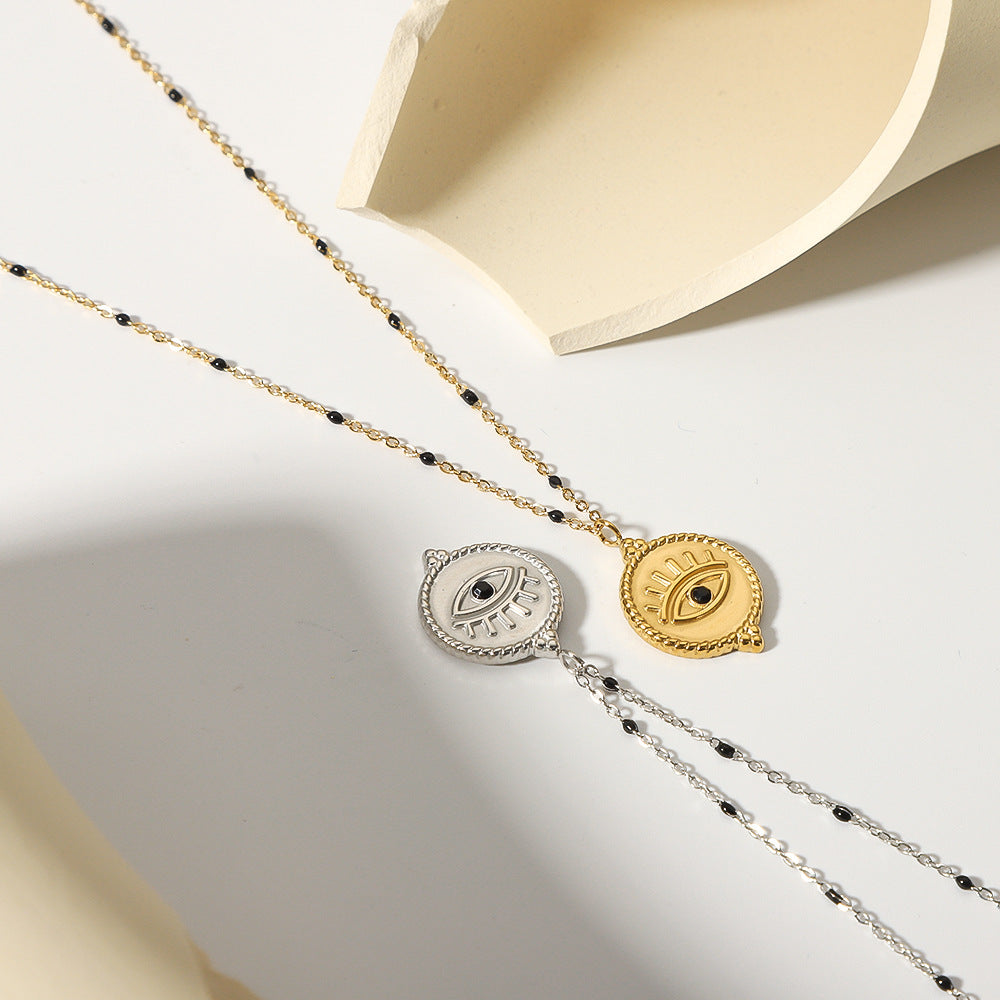 Collana da donna in acciaio inossidabile geometrica stile INS con pendente occhio di Allah placcato oro 18 carati e intarsio di zirconi