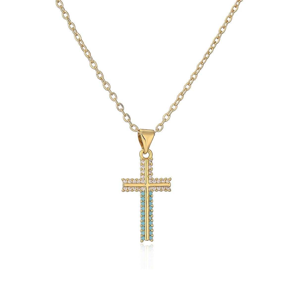 Collana Pendente a Croce Minimalista da Donna in Rame con Placcatura in Oro 18K e Intarsio di Zirconi