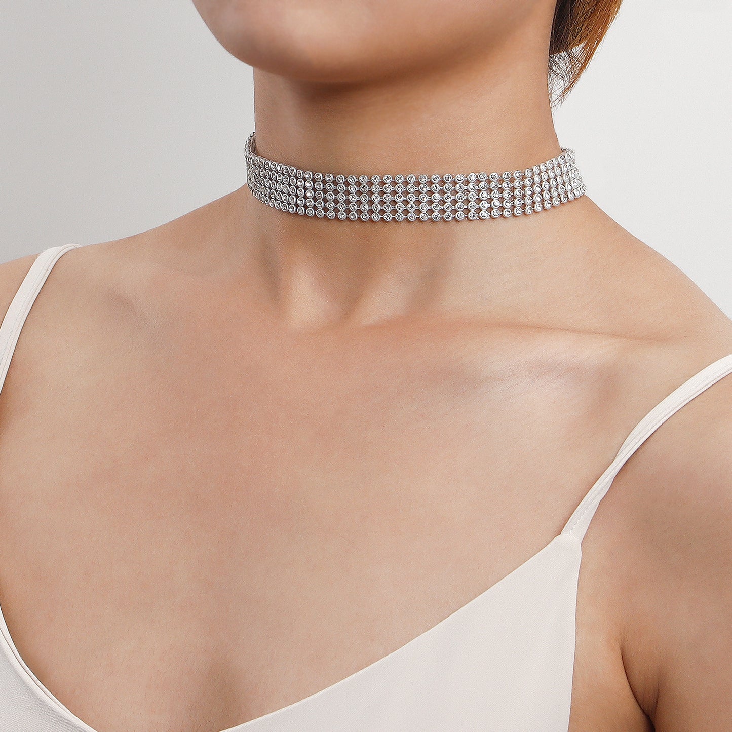 Geometric Alloy Choker Necklace with Plated Finish for Women Short Clavicle Chain Multi-Layer Rhinestone-Studded Neckwear