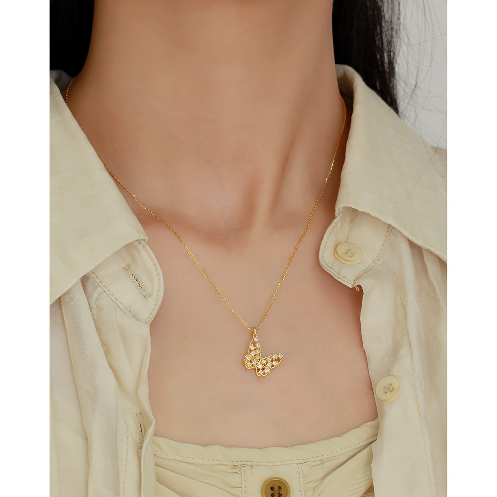Collana con pendente a farfalla intarsiata con diamanti in argento sterling 925 di lusso, catena a cavo, da donna