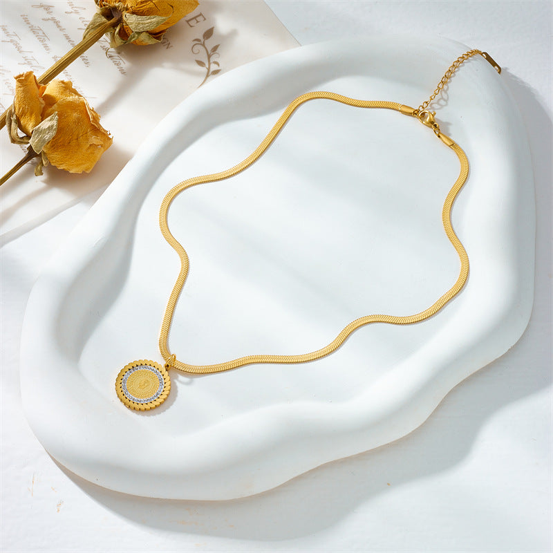 Vintage-Style Geometric Round Pendant Necklace with Rhinestone Inlay and Plated Titanium Steel Snake Chain for Women