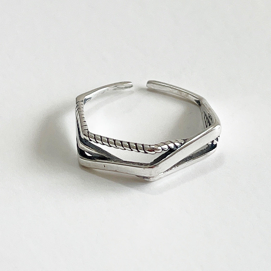 Anillo Corazón Geométrico Trenzado de Plata de Ley 925 Minimalista Vintage para Mujer