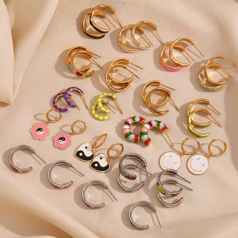 Fashionable Geometric Wheel-Shaped Stainless Steel Earrings with 18K Gold Plating and Enamel Coloring for Women