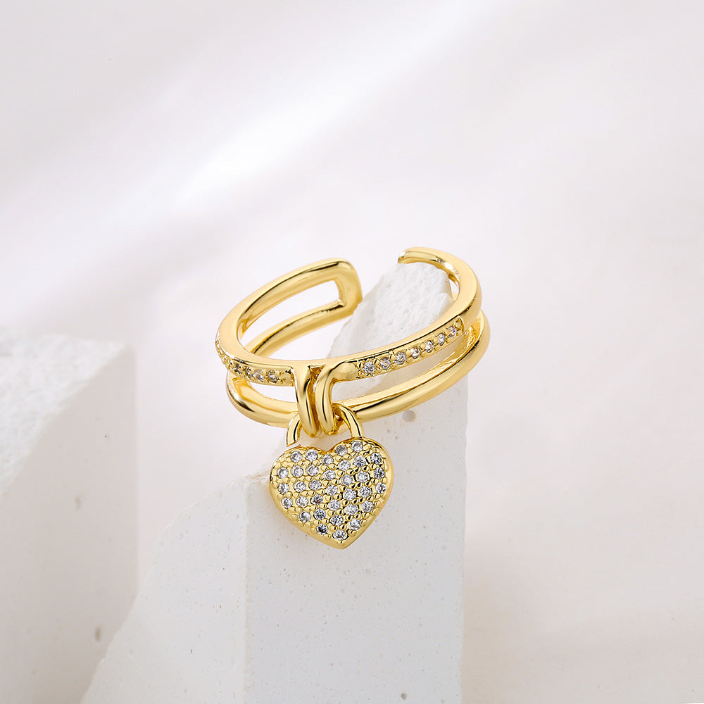 Anello a cuore vuoto geometrico da donna in ottone placcato oro 18K con micro incastonatura a pavé