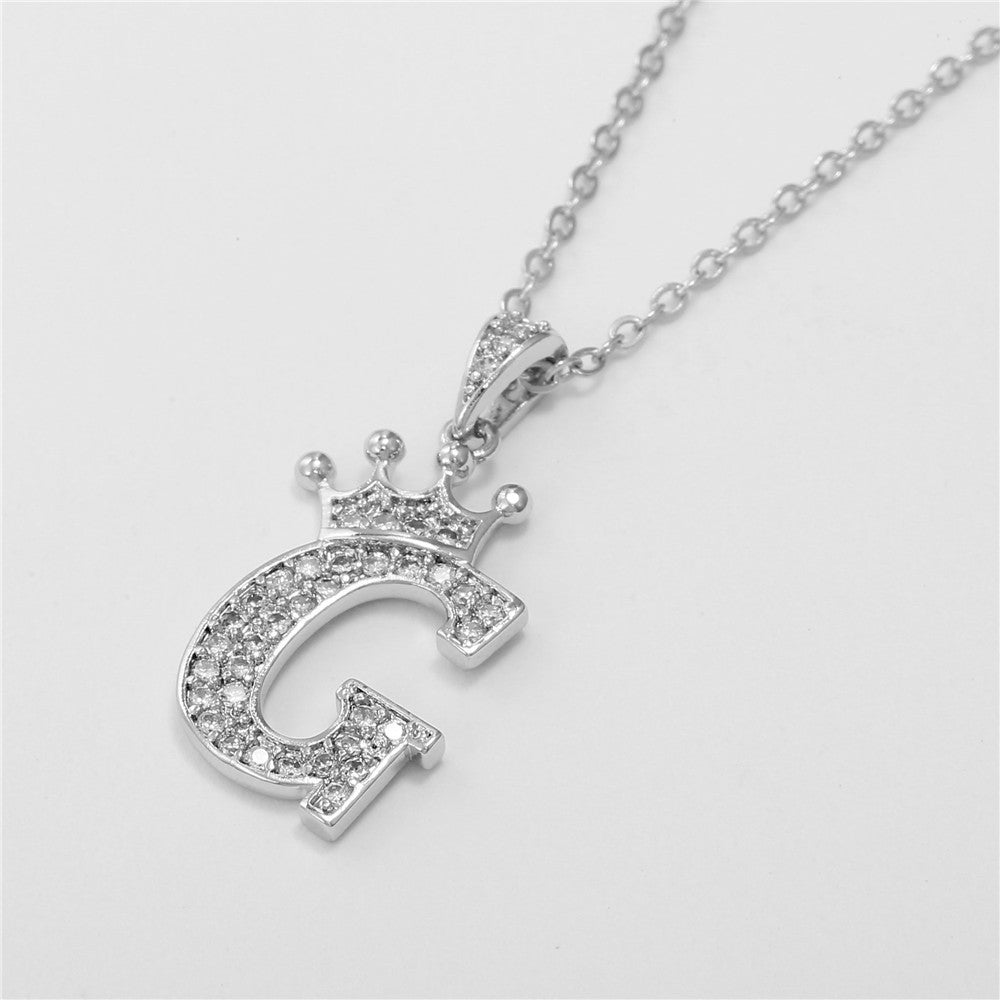 Minimalist Crown Letter Cubic Zirconia Micro-inlay Brass Necklace with Cable Chain
