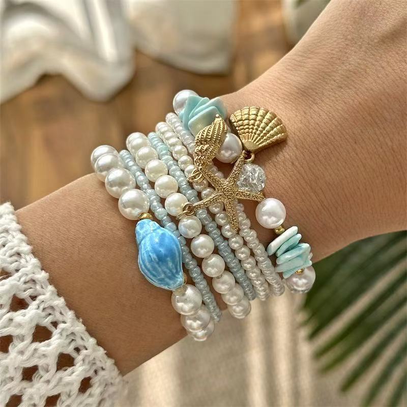 Bohemian Star Alloy Bracelet with Pearl and Shell Elements for Women