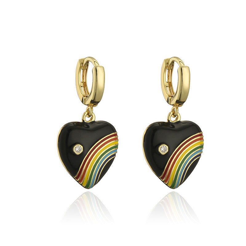 Vintage Drip Oil Rainbow Heart Geometric Brass 18K Gold Plated Micro-set Cubic Zirconia Earrings for Women