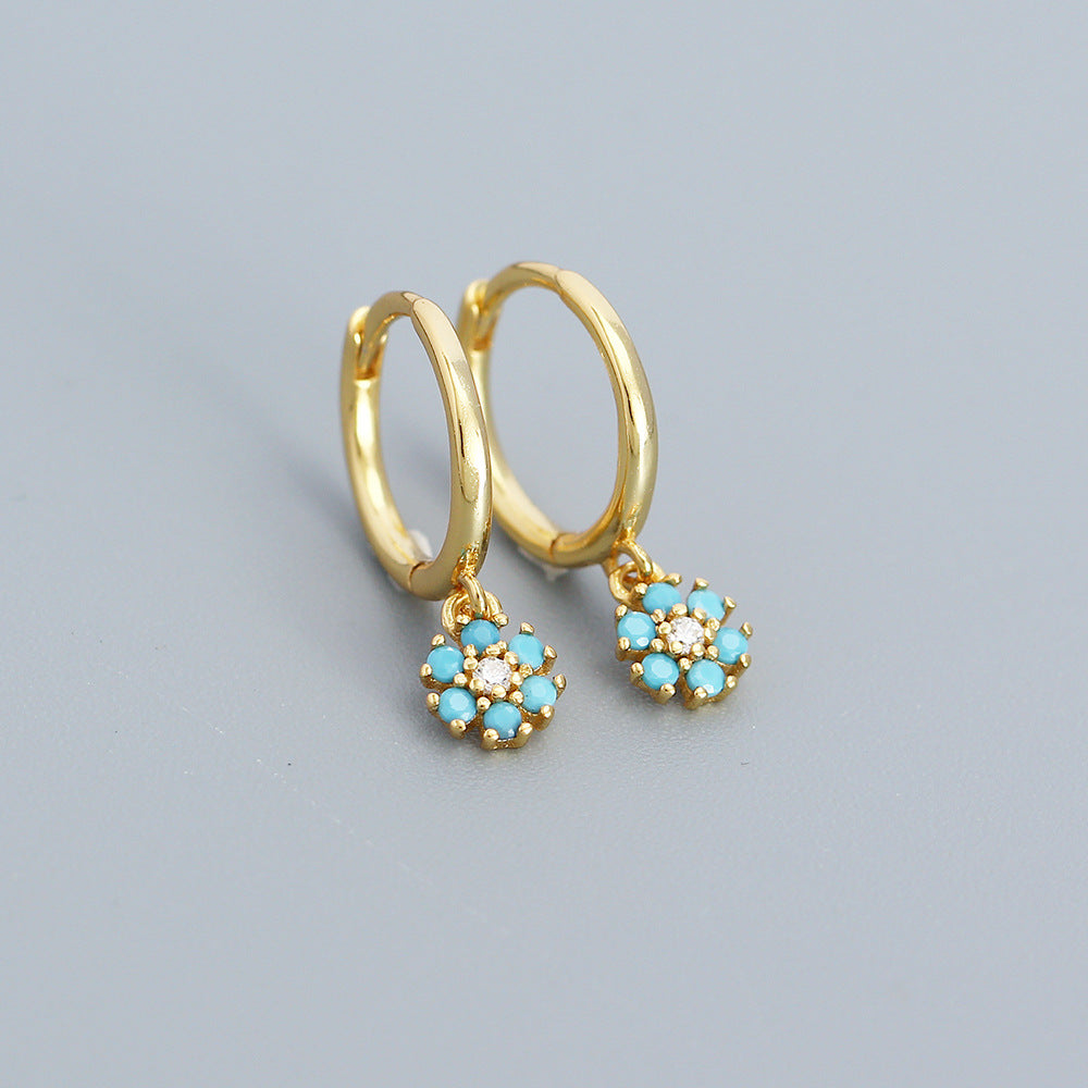 Minimalist Floral Geometric Earrings in 925 Sterling Silver with Blue Zircon Inlay