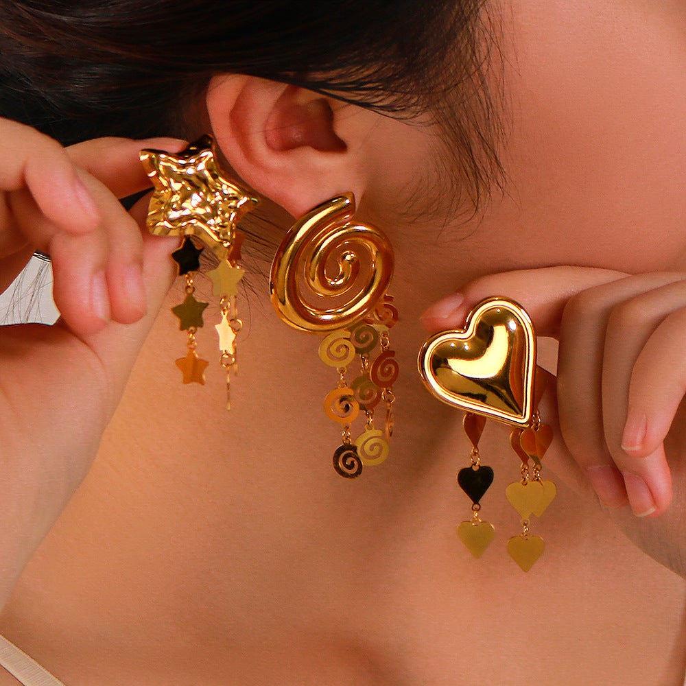 Orecchini Pendenti con Nappa a Stella, Cuore e Conchiglia Vintage in Acciaio Inossidabile con Placcatura Sottovuoto in Oro 18K da Donna