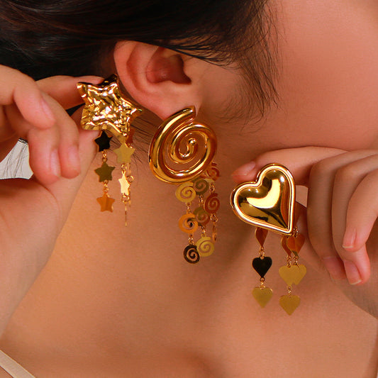 Vintage Heart and Seashell Star Pendant Tassel Earrings in Stainless Steel with 18K Vacuum Plating for Women