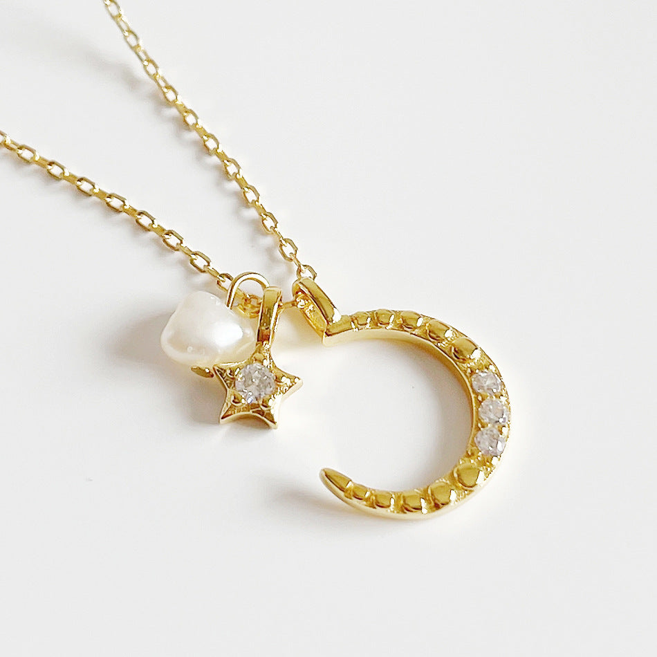 Collar minimalista de plata de ley 925 chapado en oro de 18 quilates con diseño geométrico de sol, luna y perla