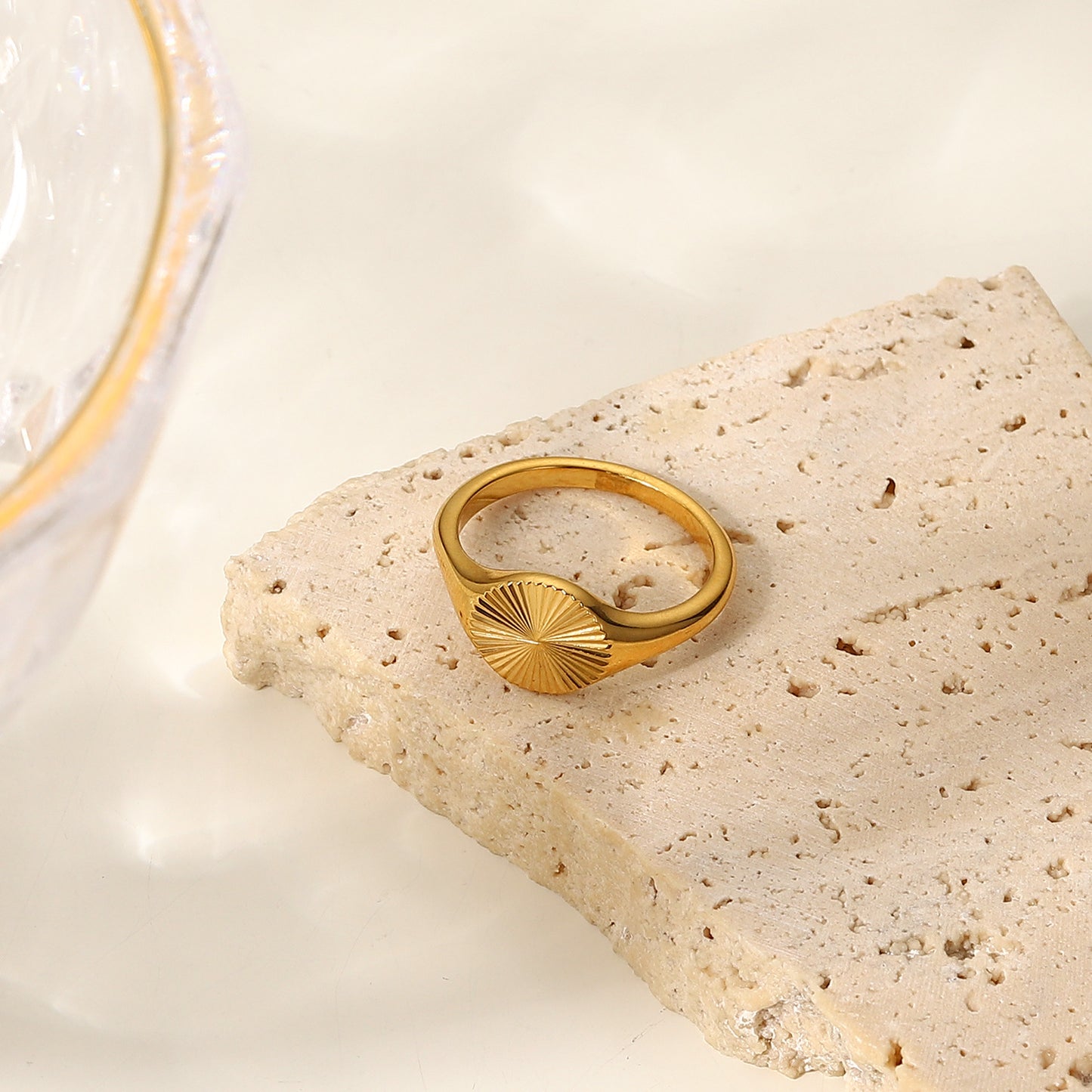 Minimalist Geometric Sun Ring for Women in Stainless Steel with 18K Gold IP Plating and High-Polish Finish