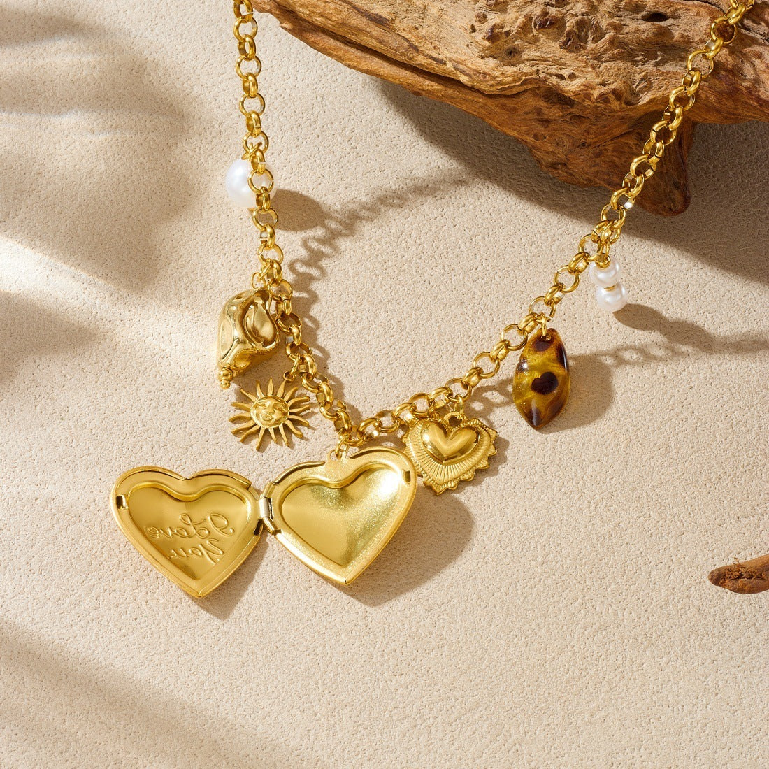 Vintage Gold Plated Stainless Steel Heart Leopard Print Pendant Necklace for Women