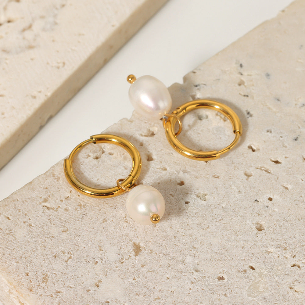 Vintage French Style Geometric Freshwater Pearl Earrings in Titanium Steel with Plated Finish for Women