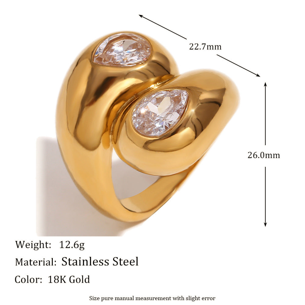 Minimalist Geometric Stainless Steel Plated 18K Gold Double-Head Zircon Snake Ring for Women