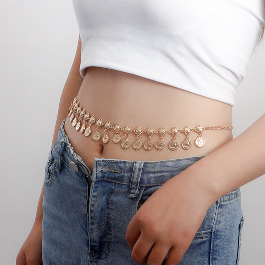 Punk Style Geometric Medallion Fringe Waist Chain for Women in Metal with Minimalist Sweet-Cool Aesthetic