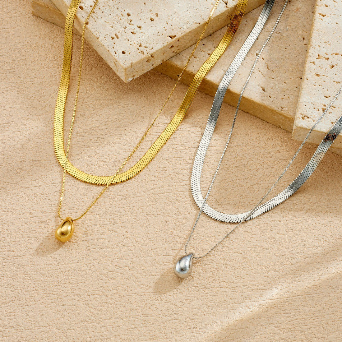 Double Layer Gold Plated Stainless Steel Snake Chain Necklace with Teardrop Pendant