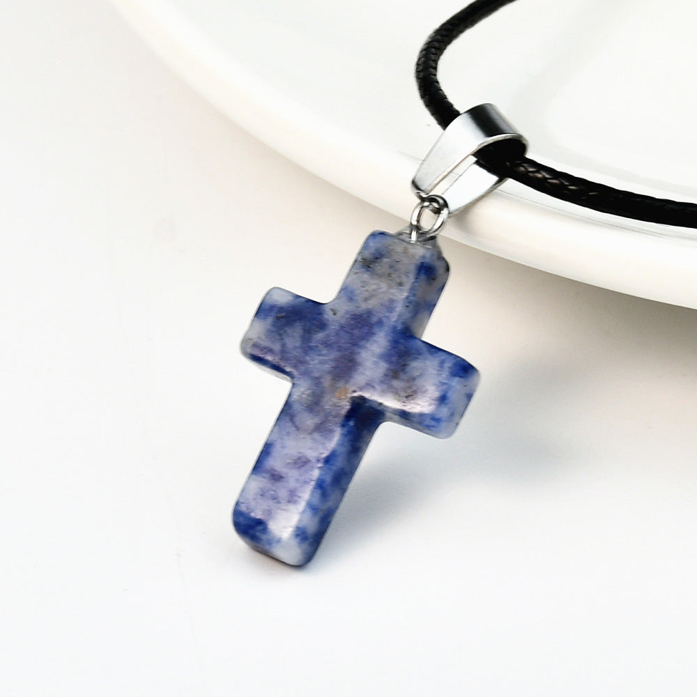 Minimalist Cross Crystal Agate Turquoise Pendant Necklace Unisex