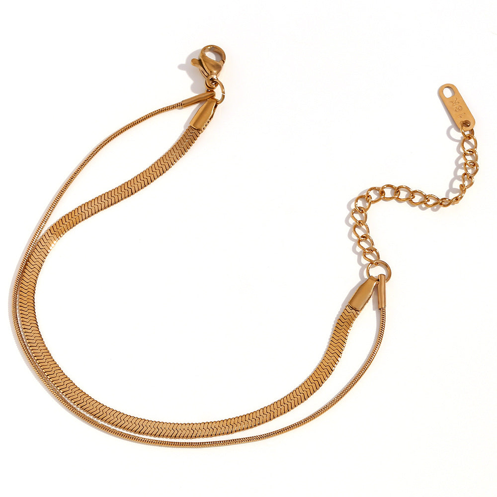 Minimalist Geometric Stainless Steel Gold-Plated Double-Layer Snake Chain and Blade Chain Bracelet for Women
