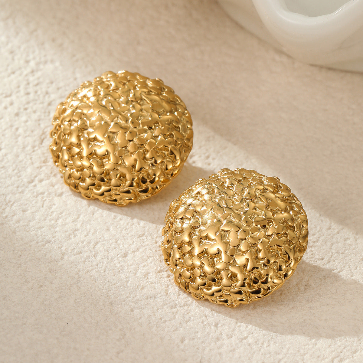 Minimalist Geometric Stainless Steel Ball Earrings with Wrinkled Texture and 18K Gold Plating for Women