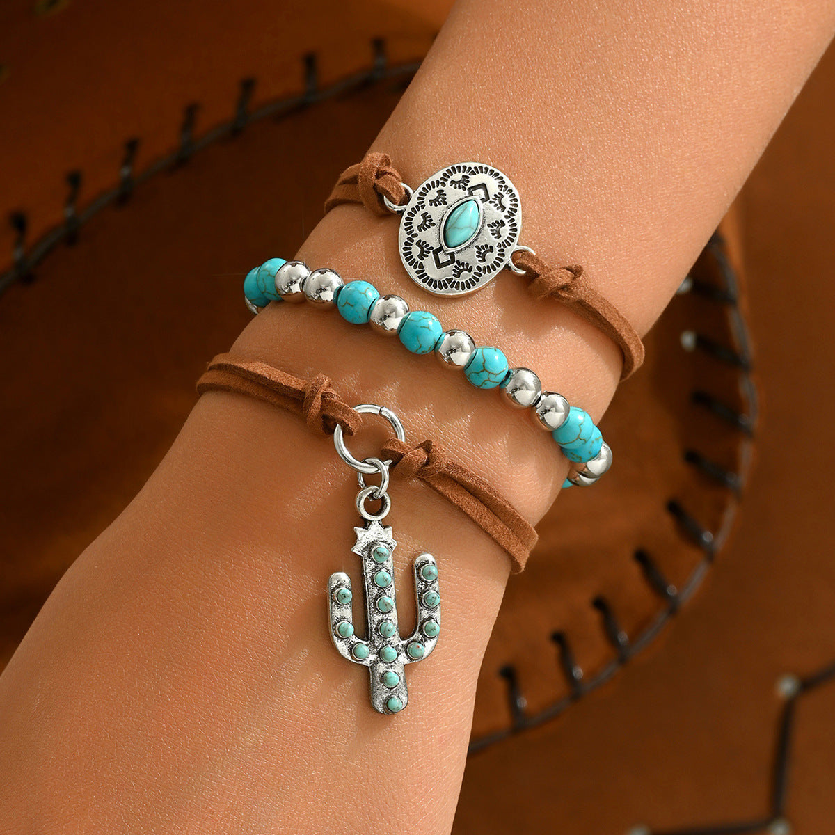 Vintage Cactus-Shaped Zinc Alloy Bracelet Set with Turquoise Inlay for Women