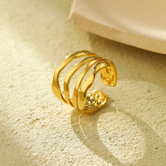 Minimalist Irregular Geometric Adjustable Ring in Stainless Steel with Plated Finish for Women
