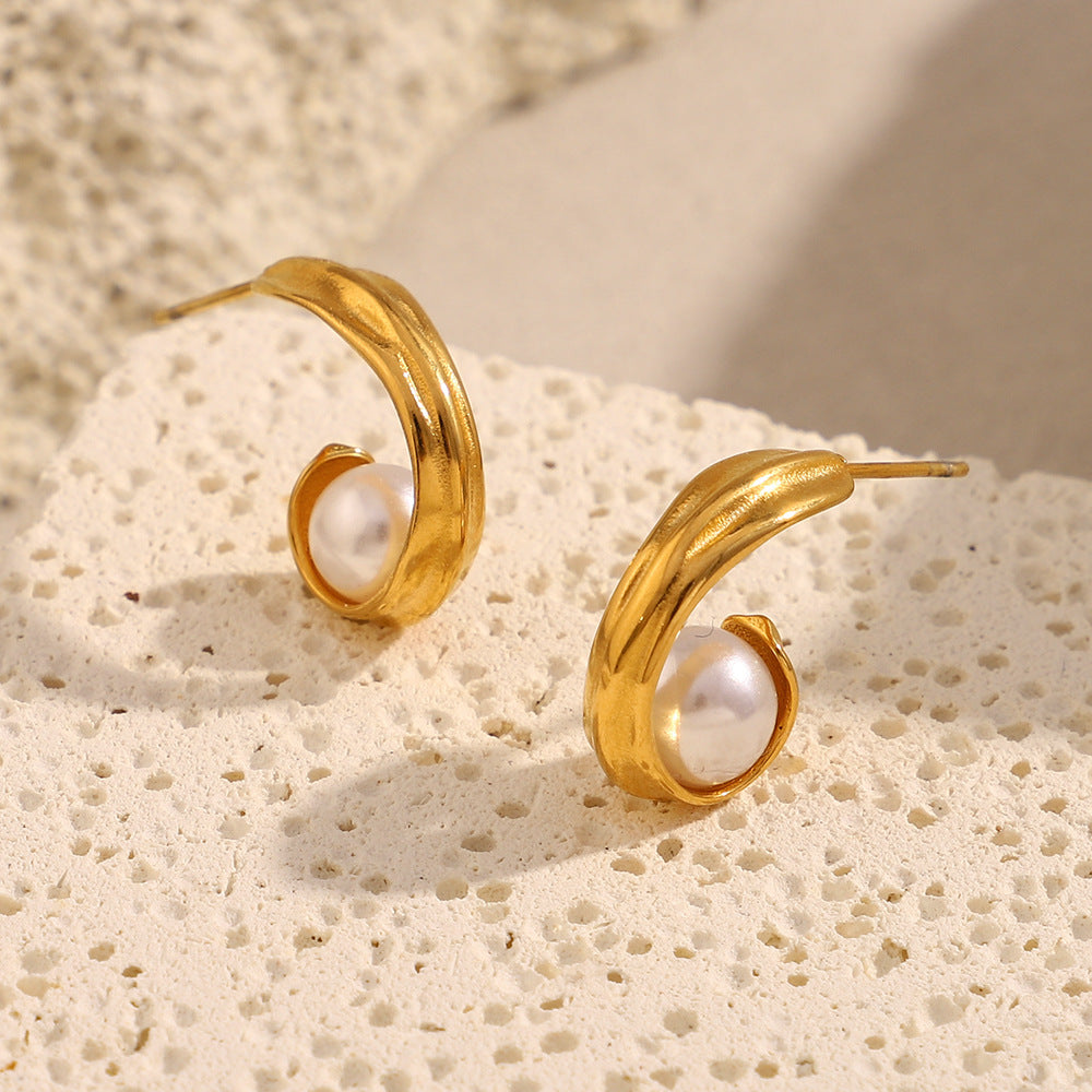 Fashion Minimalist Geometric Stainless Steel Earrings with 18K Gold Plating and Pearl Accents