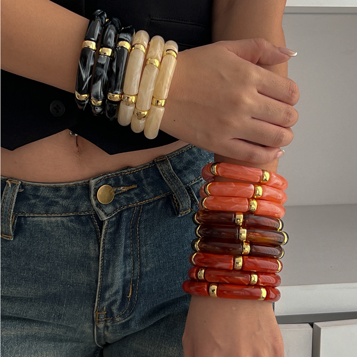 Gradient Geometric Acrylic Plated Bracelet Set with CCB Spacers