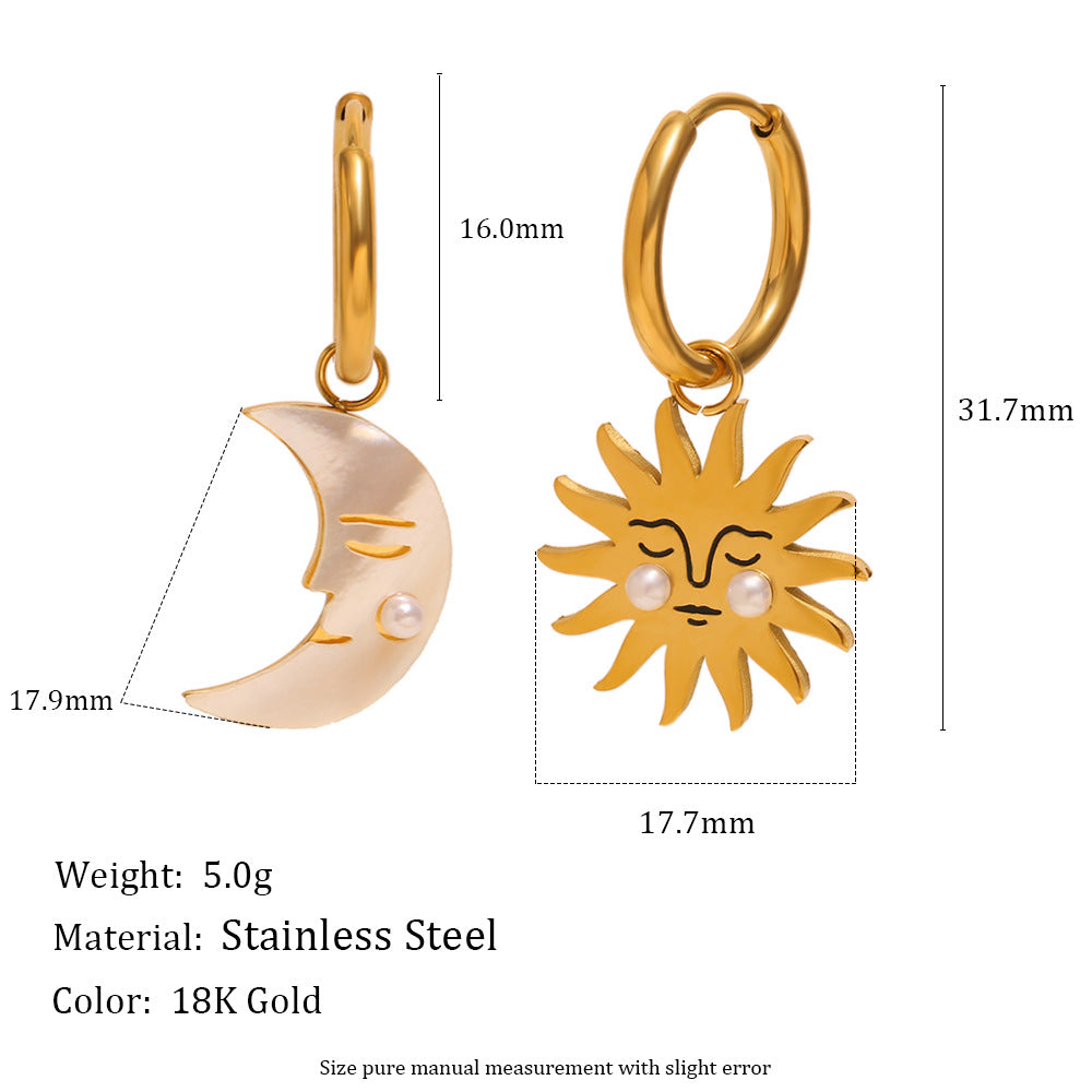 Orecchini Pendenti Audaci Geometrici con Sole e Luna in Acciaio Inox e Placcatura in Oro 18K da Donna