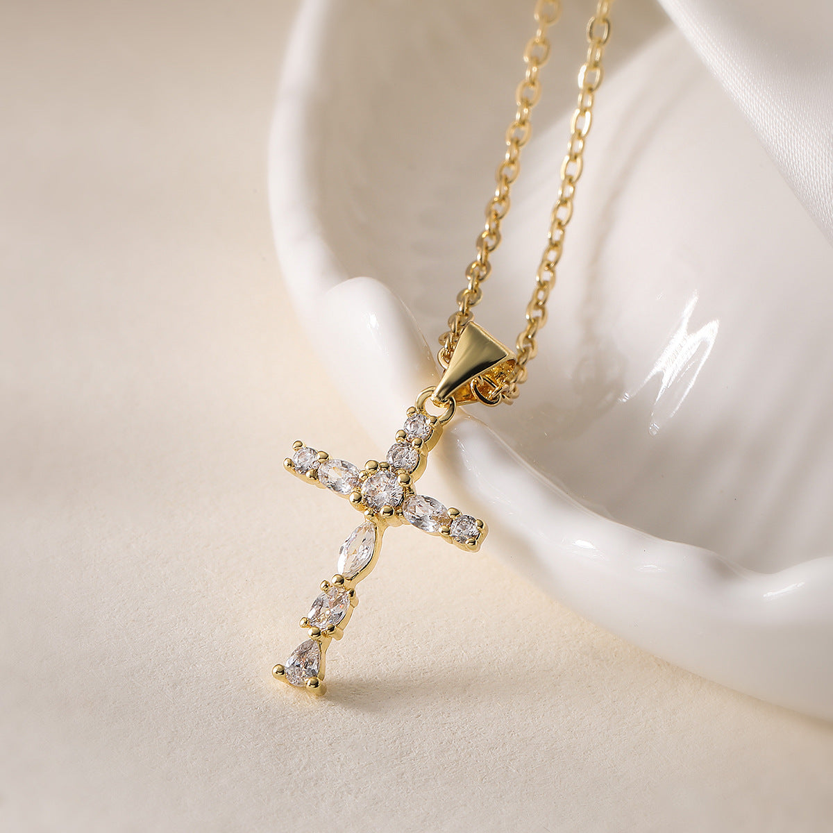Minimalist Geometric Cross Pendant Necklace for Women with Copper Base Plated in 18K Gold and Zircon Inlay