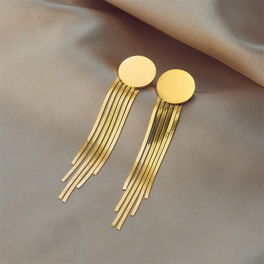 Orecchini pendenti geometrici minimalisti in acciaio al titanio con nappe e dettagli circolari
