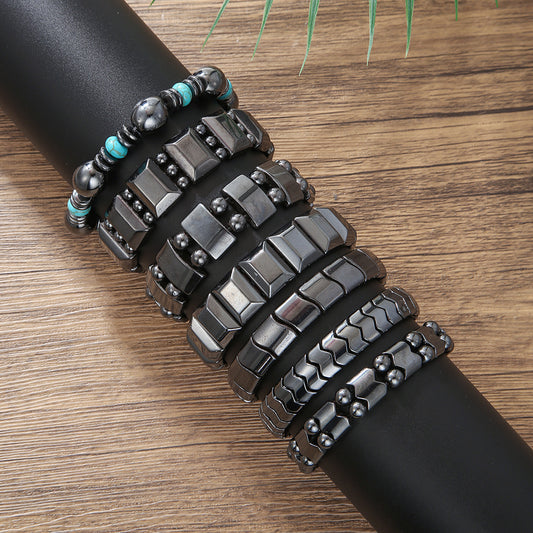 Vintage Handmade Geometric Round Hematite Bracelet with Turquoise Inlay for Unisex