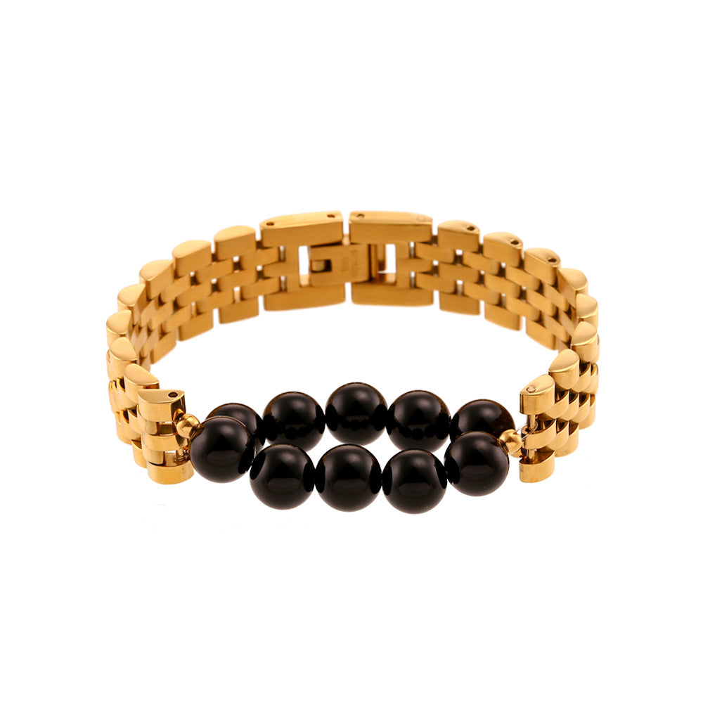 Minimalist Geometric Stainless Steel Plated Bracelet with Natural Stone Inlay for Women
