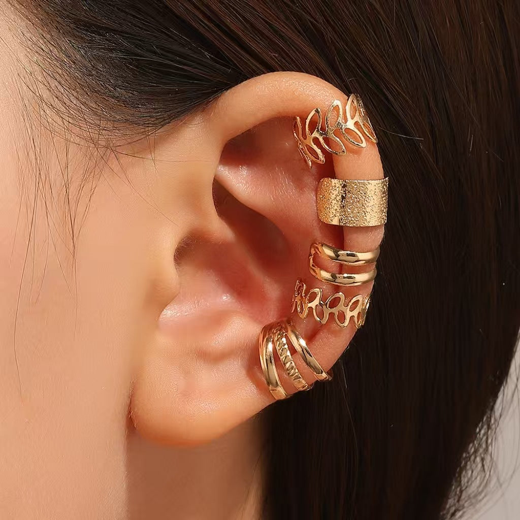 Conjunto de pendientes de clip de aleación con forma de hoja recortada en C vintage para mujer