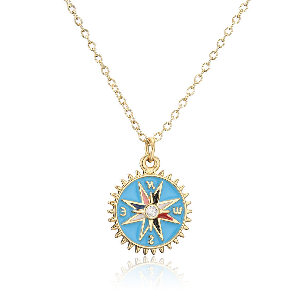 Casual Geometric Drip Oil Gold Plated Brass Compass Pendant Necklace with Cubic Zirconia